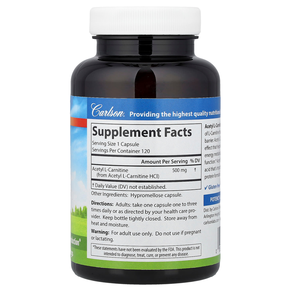 Carlson, ацетил L-карнитин, 500 мг, 120 вегетарианских капсул