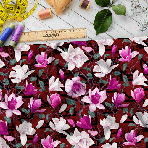Ткань шелк Армани яркие цветы и искривлённые веточки на красном фоне