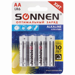 Батарейки комплект 4 шт. SONNEN Alkaline АА (LR6 15А) алкалиновые пальчиковые блистер (12 штук в упаковке)