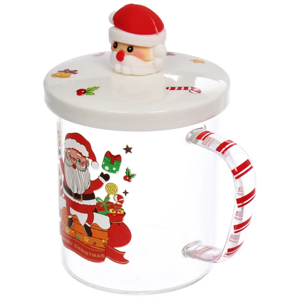 Кружка стеклянная 450мл «Новогодние гуляния» с керамической крышкой