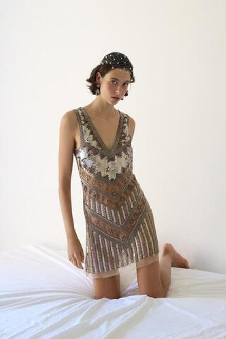 ZARA МИНИ-ПЛАТЬЕ С БУСИНАМИ И ПАЙЕТКАМИ LIMITED EDITION, СЕРЕБРИСТЫЙ