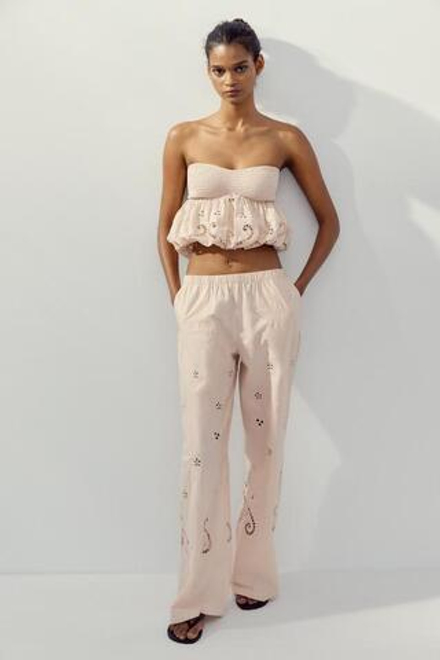 ZARA БРЮКИ В ПИЖАМНОМ СТИЛЕ С ВЫШИВКОЙ, БЕЖЕВЫЙ
