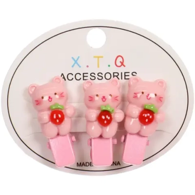 Зажимы для волос детские 3шт «РОЗОВОЕ ОБЛАКО», котики с ягодкой, 2.5см (блистер и пакет с подвесом)●