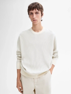 Massimo Dutti Свитер из хлопка букле с круглым вырезом, натуральный, кремовый