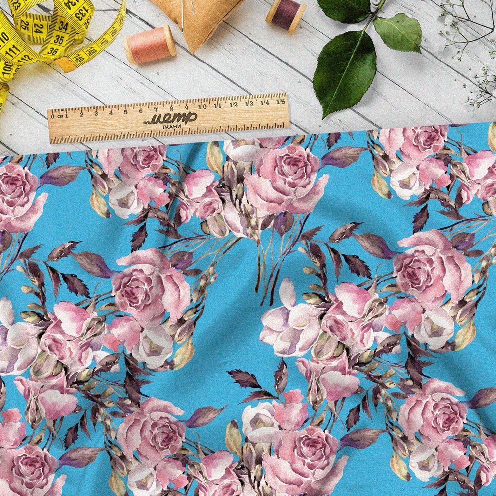 Ткань бифлекс розовые пионы с листьями