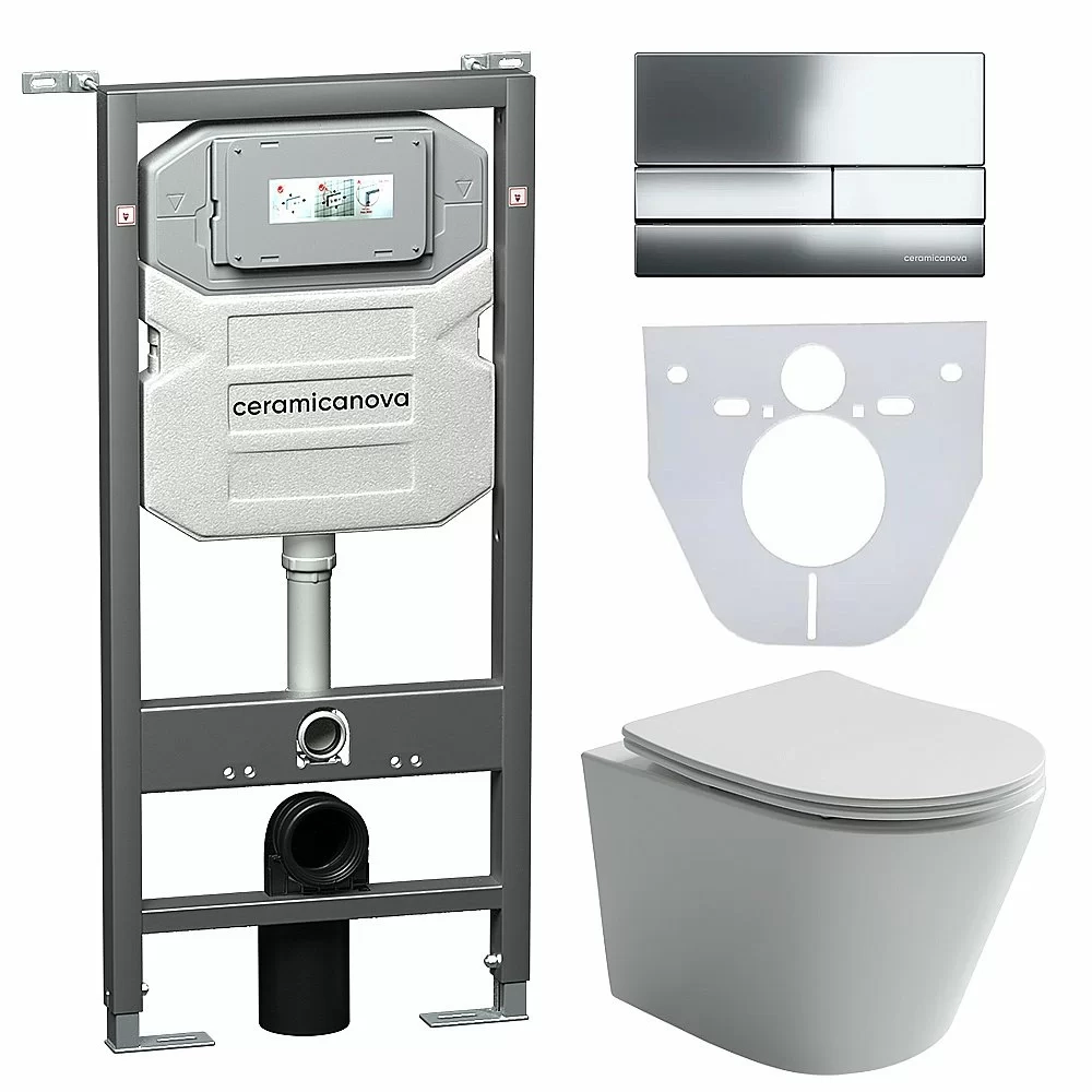 Унитаз подвесной Ceramica Nova Balearica CN6000_1002CH_1000 безободковый, с крышкой микролифт, с инсталляцией и кнопкой хром