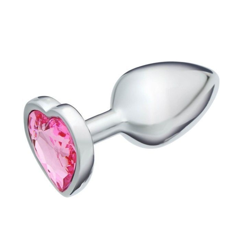Серебристая анальная пробка с розовым кристаллом в форме сердца - 7 см. (Цвет: розовый)