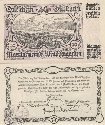 Австрия 30 геллеров 1920 Виндишгарстен aUNC