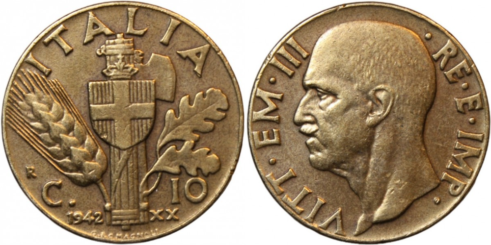 Италия 10 чентезимо, 1939 - 1943 Виктор Эммануил III XF