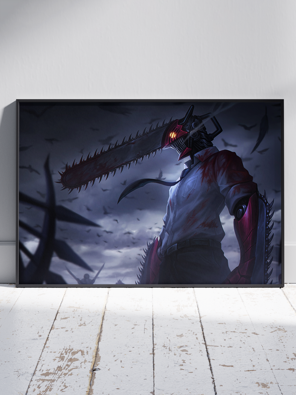 Постер плакат Денджи На Фоне Птиц Chainsaw Man Человек Бензопила