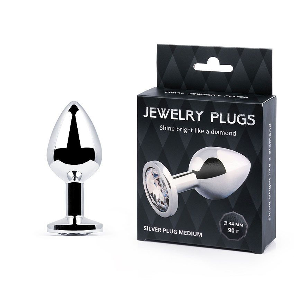 Анальная пробка SILVER PLUG MEDIUM с прозрачным кристаллом - 8,2 см. (Цвет: прозрачный)