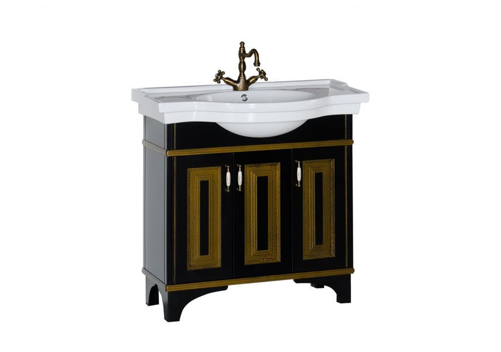 Тумба с раковиной Aquanet Валенса 100 черный краколет/золото
