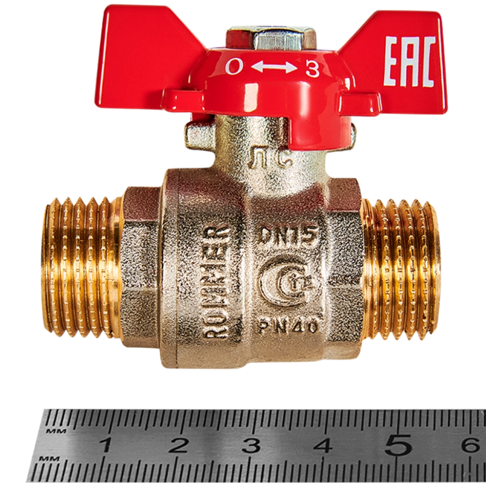 Кран шаровой полнопроходной ROMMER - 1/2" (НР/НР, PN40, ручка-бабочка)