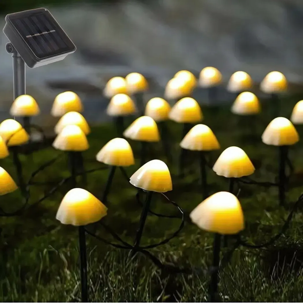 Гирлянда для улицы «Грибочки» 3 м 20 ламп LED чёрный провод, h-20 см,2 реж.,IP-55, Теплый белый (солнечная батарея)