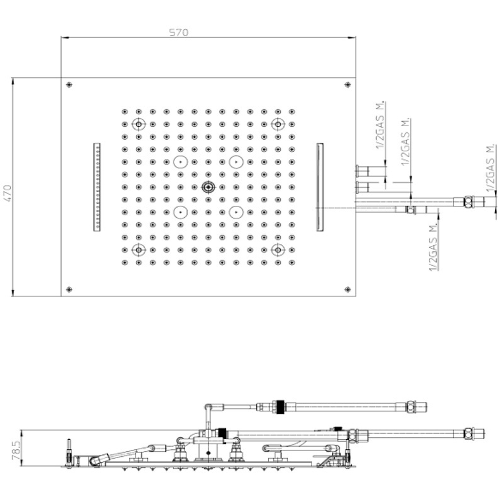Bossini Dream/4 верхний душ 570х470 мм, функции (дождь, каскад , дождь водопад, туман), 4 светодиода RGB LED, трансформатор низкого напряжения, блок управления