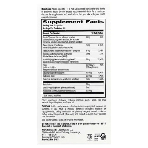 Country Life, комплекс коэнзимов группы B, улучшенный, 120 веганских капсул