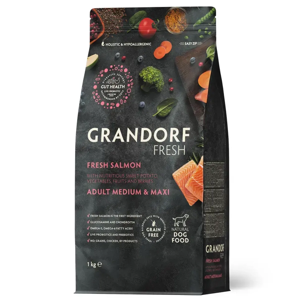 Grandorf fresh dog adult med&maxi salmon&sweet potato сухой беззерновой корм с живыми пробиотиками для взрослых собак средних и крупных пород с филе лосося и бататом - 1 кг