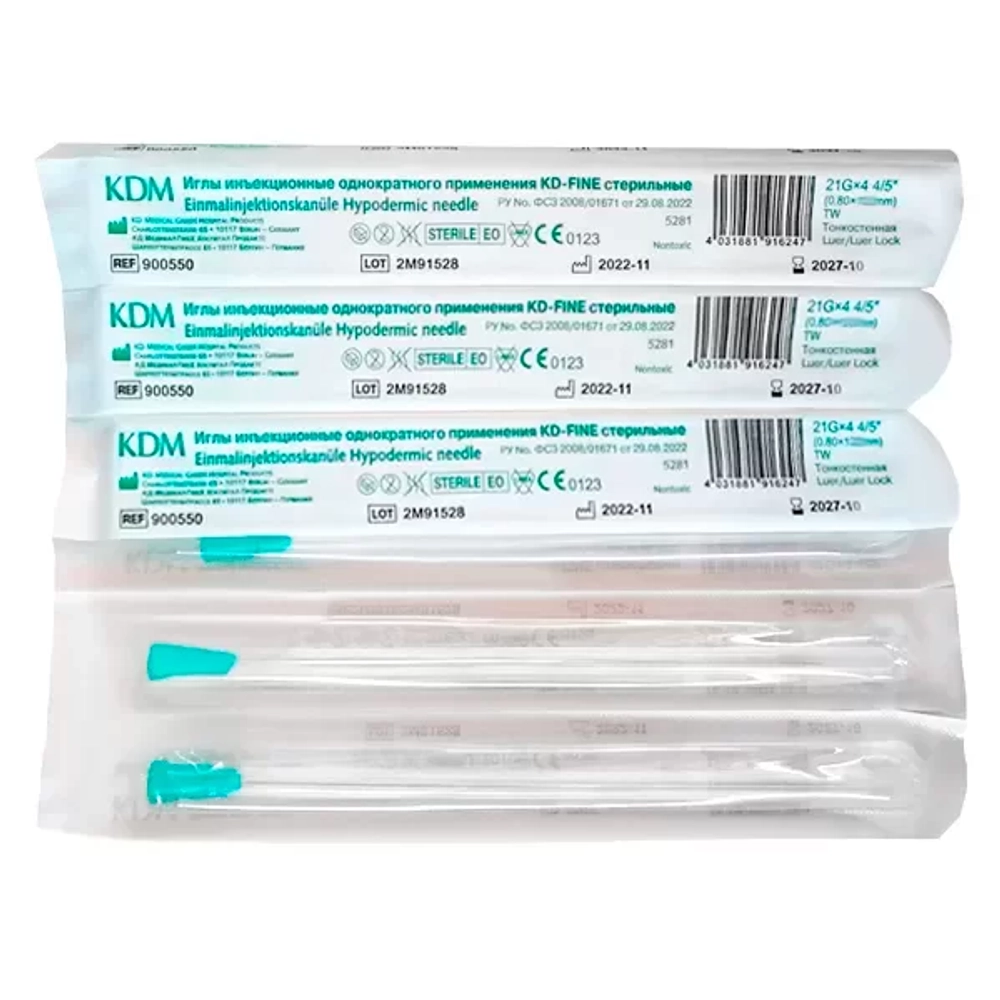 Игла инъекционная 21G 0,80 x 100мм (50шт/уп) KD-Fine