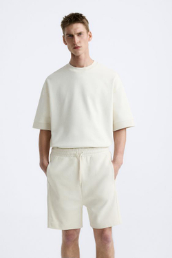 ZARA ШОРТЫ-ДЖОГГЕРЫ ИЗ ПЛОТНОЙ ТКАНИ, ЖЕЛТОВАТО-БЕЛЫЙ
