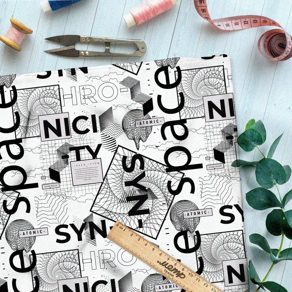 Ткань таффета стильный цифровой коллаж на белом фоне