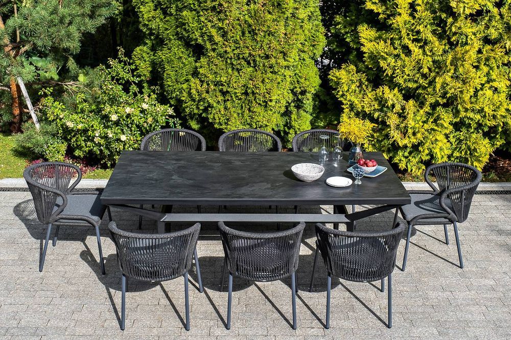 "Милан" стул плетеный из роупа, каркас алюминий темно-серый (RAL7024) муар, роуп темно-серый круглый, ткань темно-серая 027