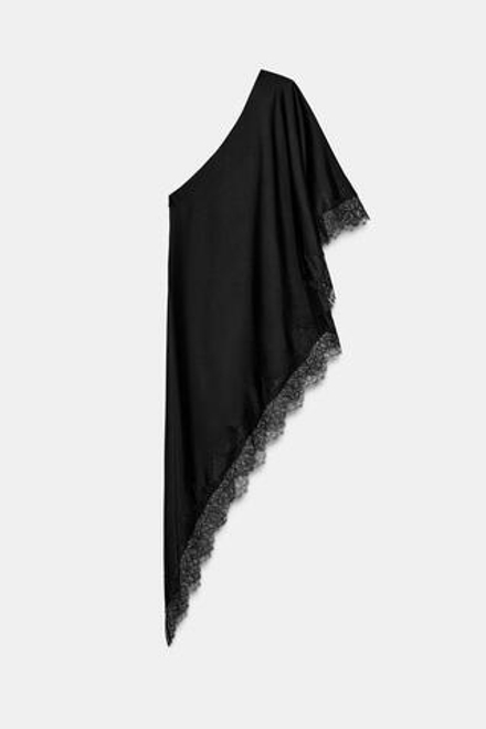 ZARA АСИММЕТРИЧНЫЙ ТОП С КРУЖЕВОМ — ZW COLLECTION, ЧЕРНЫЙ