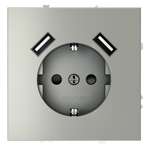 Розетка встраиваемая VOLTUM S70 с заземлением и защитными шторками, 16А, с USB, A+A, (сталь)