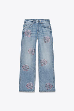 ZARA ДЖИНСЫ TRF СВОБОДНОГО КРОЯ СО СРЕДНЕЙ ПОСАДКОЙ И СТРАЗАМИ, СИНИЙ