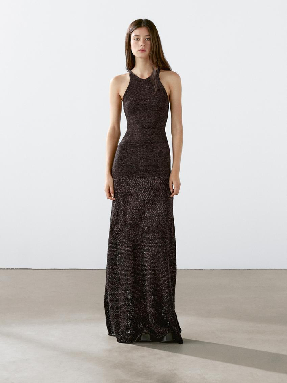 Massimo Dutti Длинное трикотажное платье из смесового хлопка, коричневый