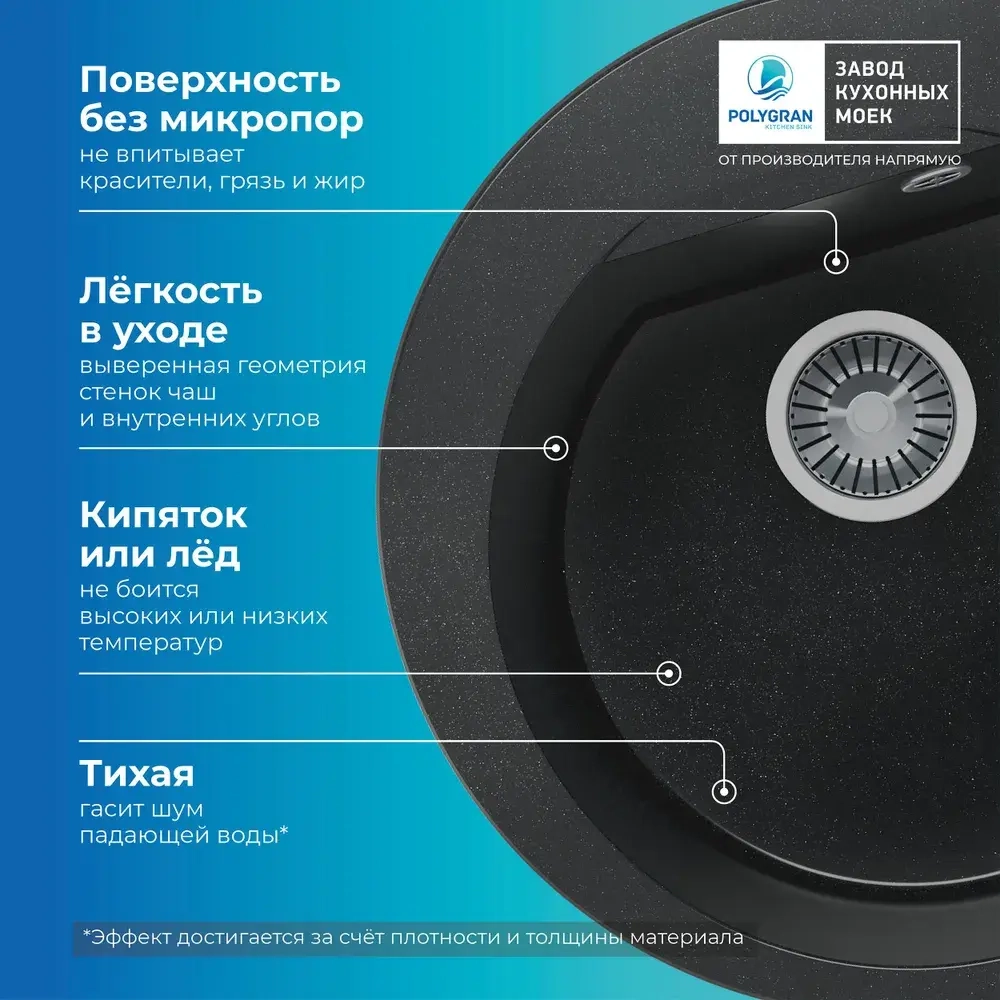 Мойка POLYGRAN ATOL-520 космос №316, смеситель SKS5 черный