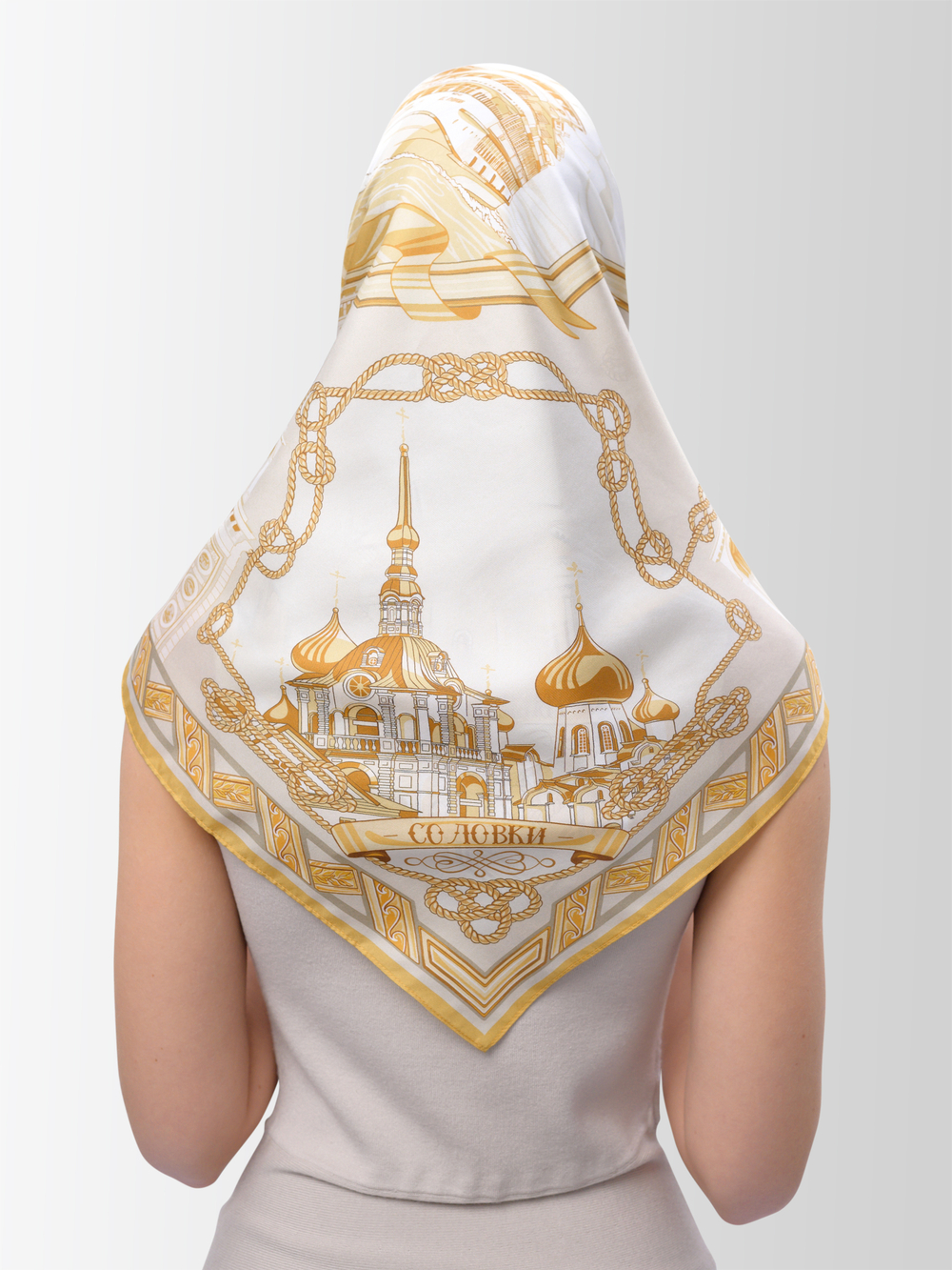 Платок «Реки России» бежевый 100% шёлк