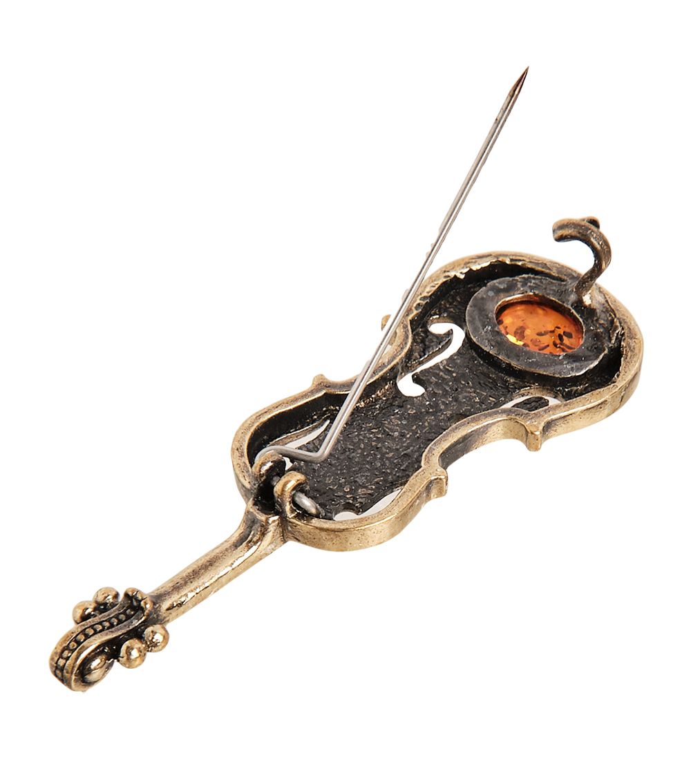 AM-1992 Брошь «Скрипка Вивальди» (латунь, янтарь)