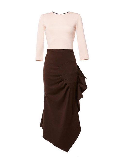 Платье с ассиметричными защипами на боку юбки бежево-коричневое 14-02-19FW