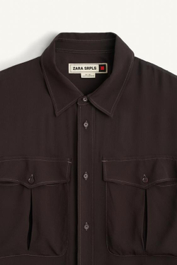 ZARA РУБАШКА СВОБОДНОГО КРОЯ ИЗ ПОЛУПРОЗРАЧНОЙ ВИСКОЗЫ, ТЁМНО-КОРИЧНЕВЫЙ
