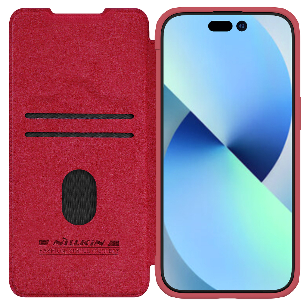 Кожаный чехол книжка красного цвета от Nillkin для смартфона iPhone 15, серия Qin Pro Leather с защитной шторкой для камеры