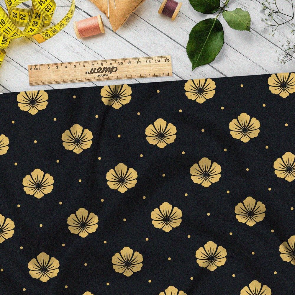 Ткань флис золотистые цветы на чёрном