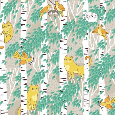 Весна пришла. Коты и птички среди берез.