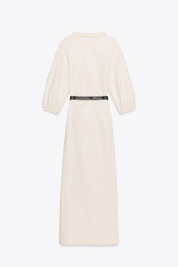 ZARA ПЛАТЬЕ МИДИ С РУКАВАМИ-БУФАМИ И ПОЯСОМ, ЭКРЮ