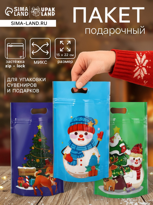 Пакет подарочный, с zip-lock застежкой, "Снеговик и его друзья", 15х22см МИКС   10894511