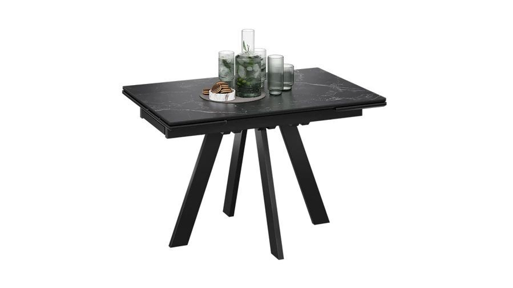 Стол кухонный обеденный раздвижной Черный муар/Керамика матовая серый мрамор 120(180)х80х77 см