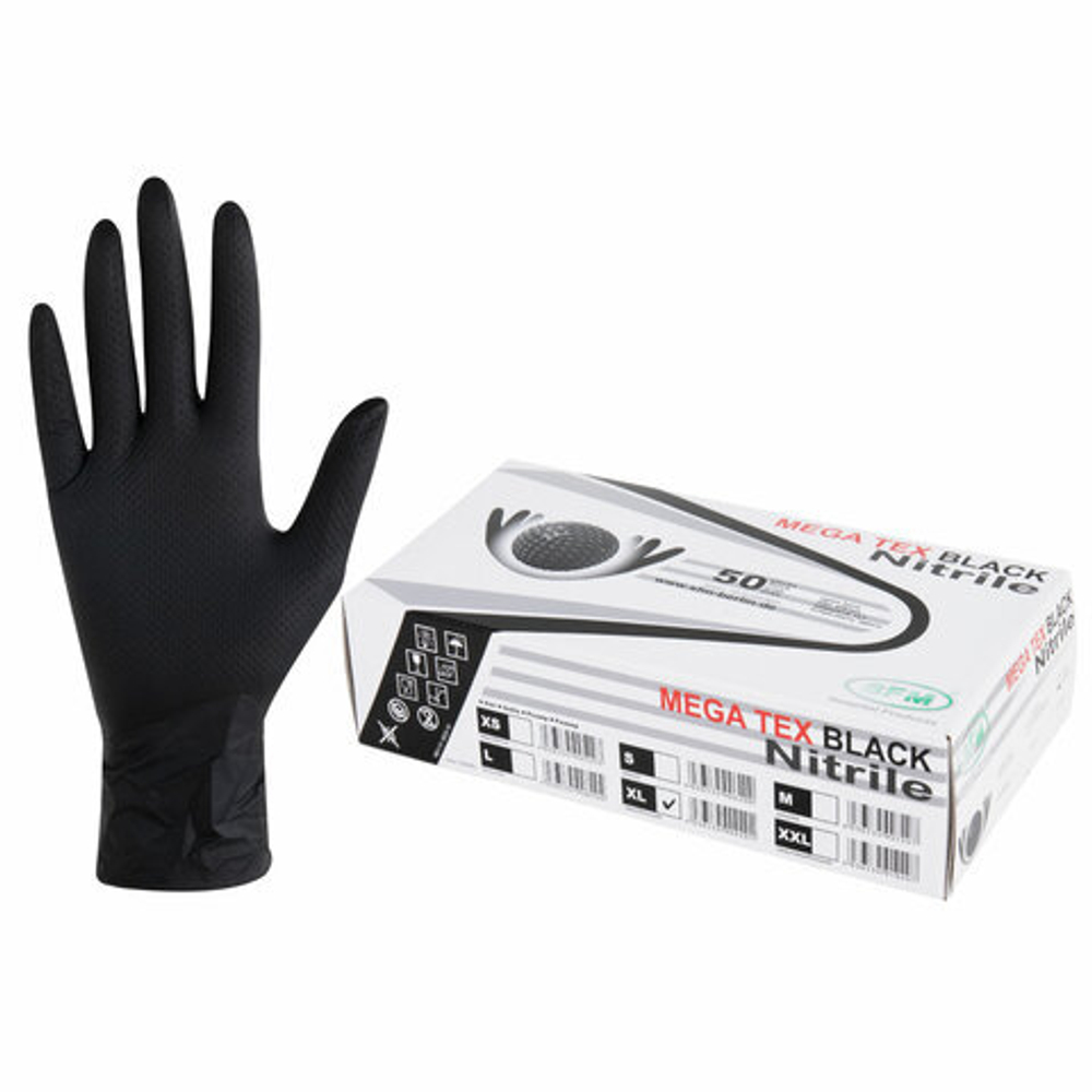 Перчатки нитриловые сверхпрочные с текстурой SFM MEGA TEX BLACK 25 пар (50 штук), XL (очень большой).