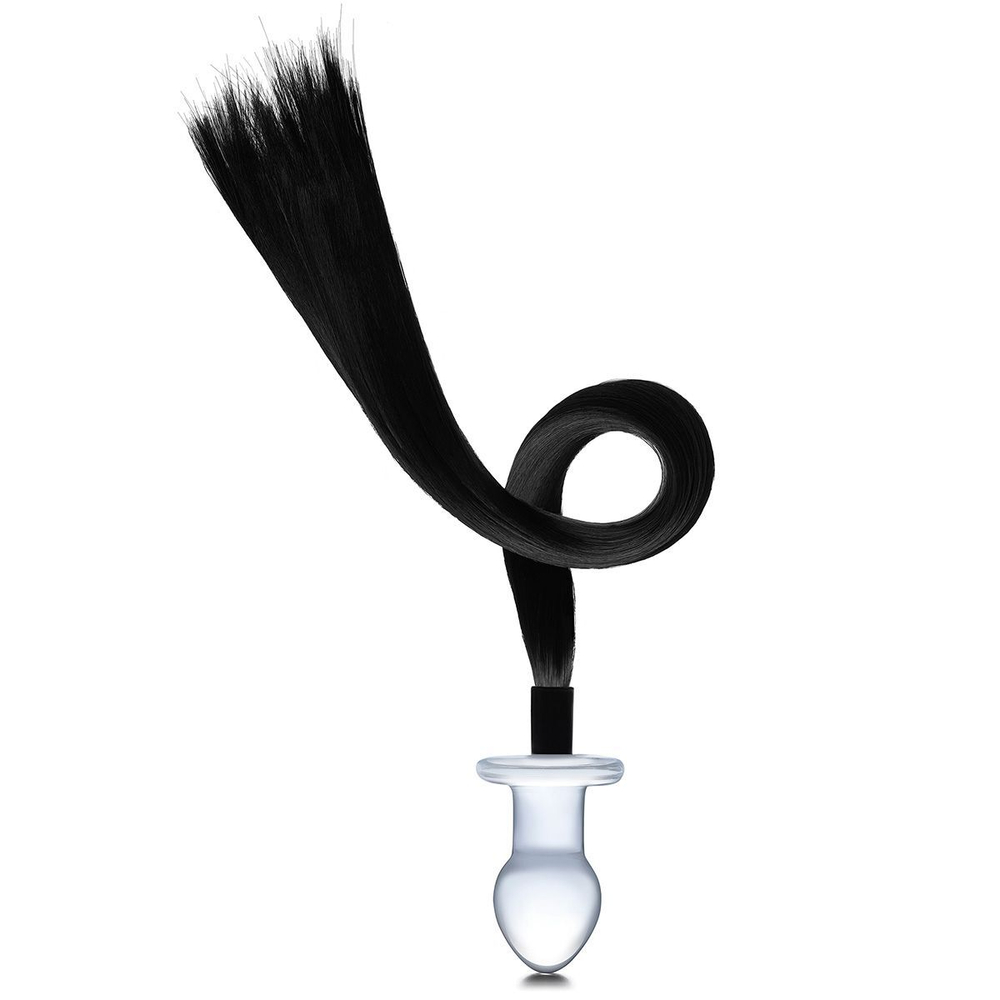 Стеклянная анальная пробка с черным конским хвостом (Цвет: прозрачный)
