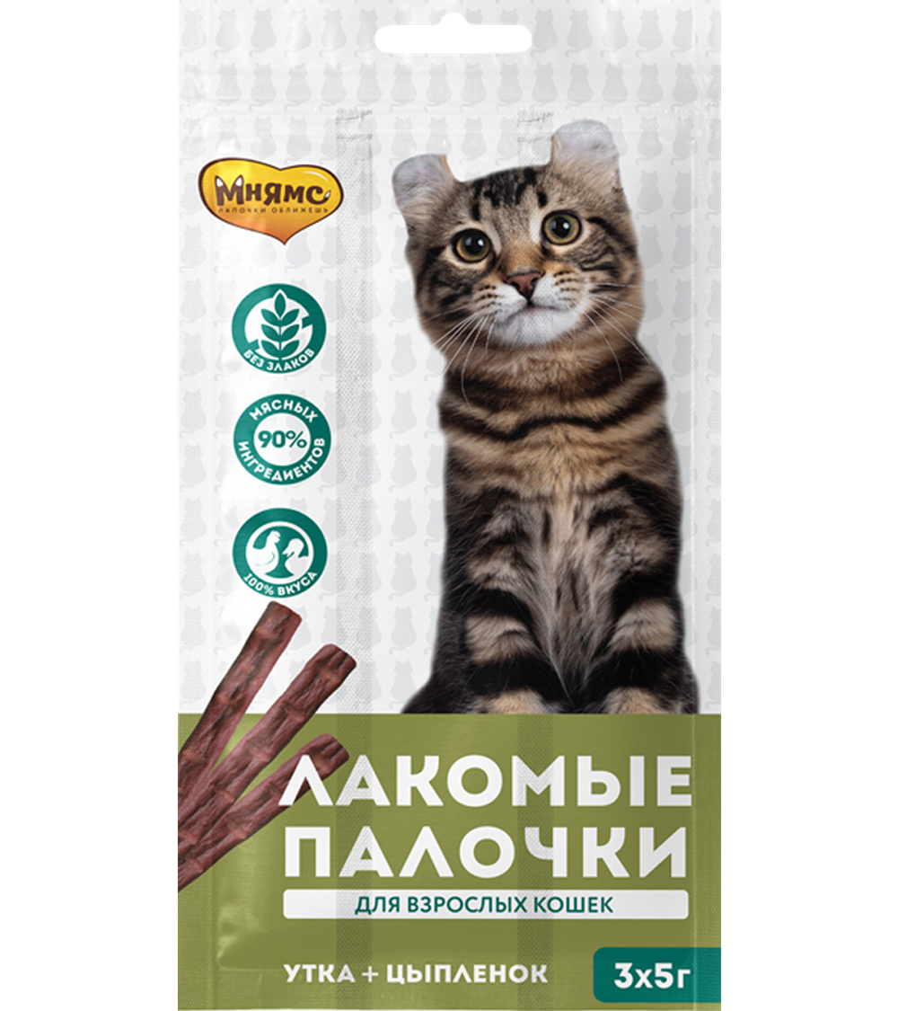 Мнямс лакомые палочки 13,5 см для кошек с цыпленком и уткой 3*5г
