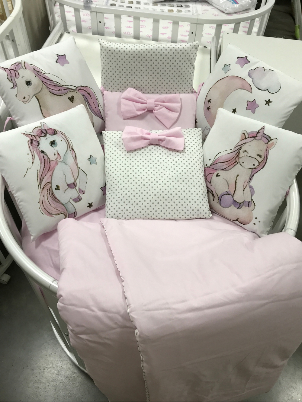 Комплект в кроватку 18 предметов "Единорог" розовый, сатин
