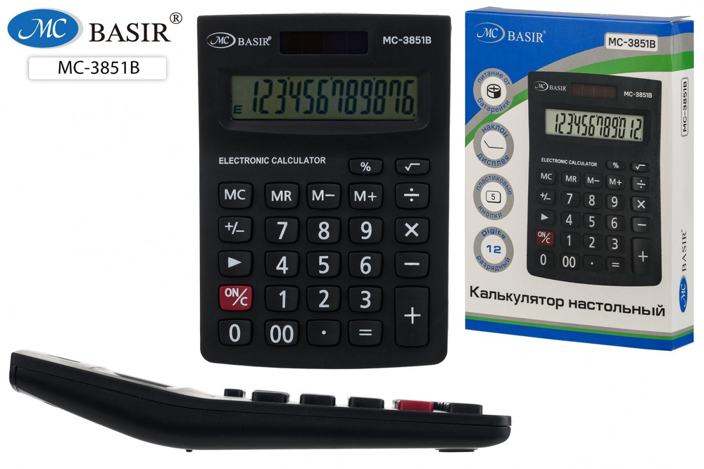 Калькулятор настольный 12-разрядный, двойное питание, наклон диспл., в коробка (Basir)