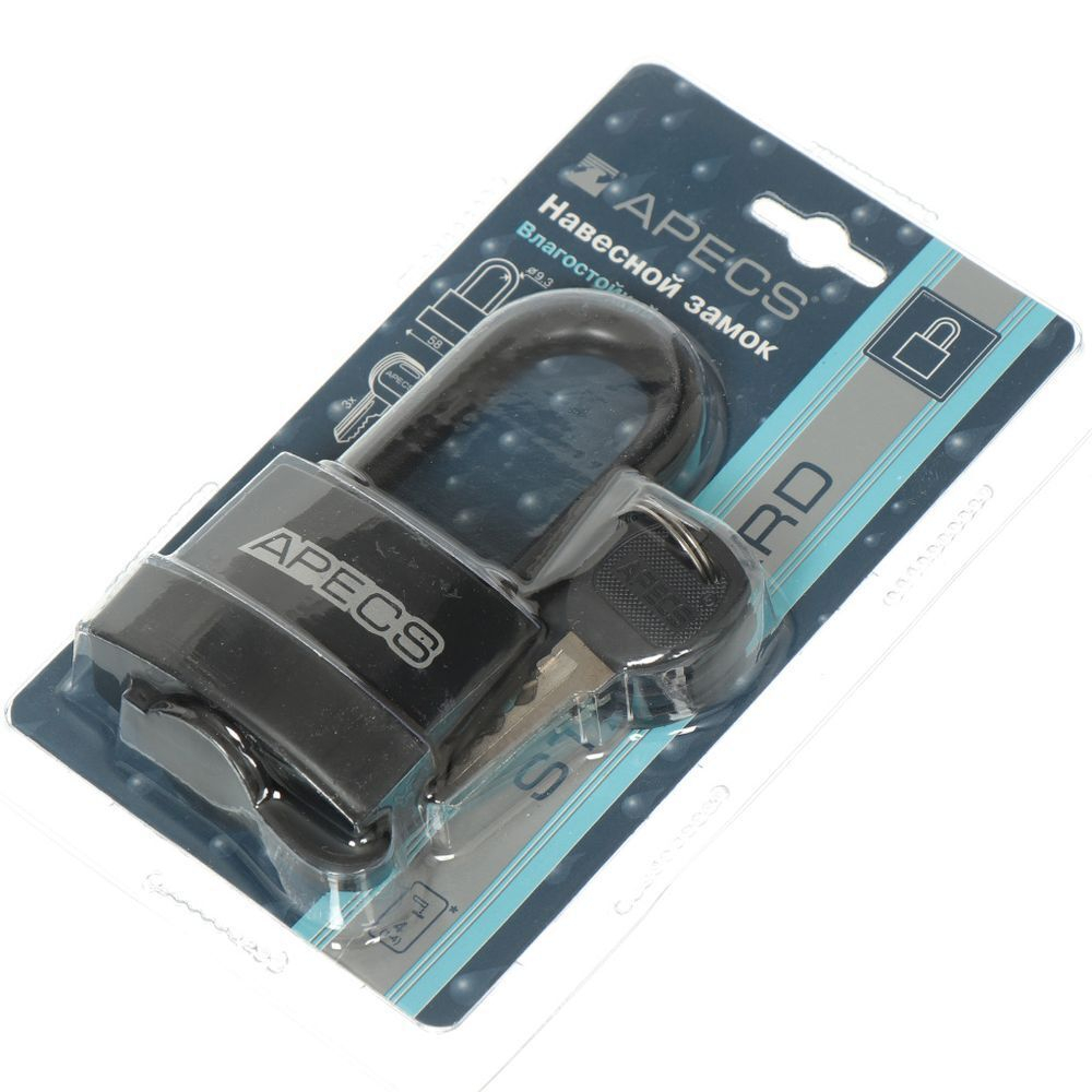 Замок навесной Apecs, PDR-50-55-L, блистер, цилиндровый, с удлиненной дужкой, 3 кл