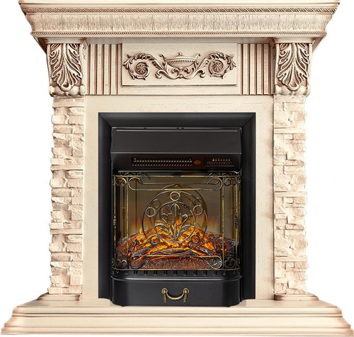 Каминокомплект Luxemburg (каменный) - Сланец/Cлоновая кость с патиной с очагом Majestic FX M Black RC