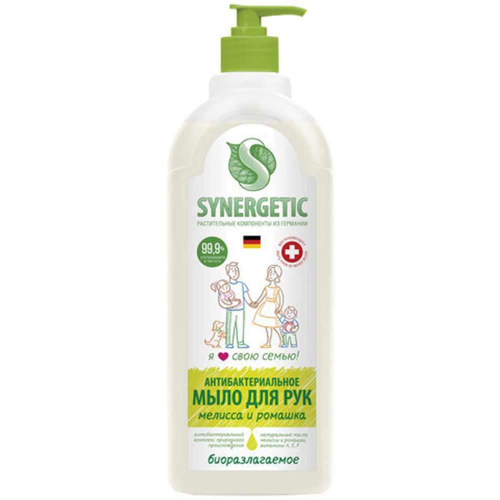 Мыло жидкое антибактериальное 1 л SYNERGETIC "Мелисса и ромашка", биоразлагаемое, дозатор, 105101