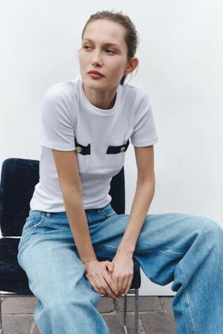 ZARA КОНТРАСТНАЯ ФУТБОЛКА ИЗ ПЛОТНОГО ТРИКОТАЖА, БЕЛЫЙ