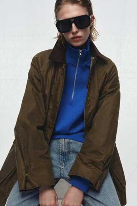 ZARA КУРТКА С ВОЩЕНЫМ ПОКРЫТИЕМ И ВЕЛЬВЕТОВЫМ ВОРОТНИКОМ — ZW COLLECTION, ОЛИВКОВЫЙ